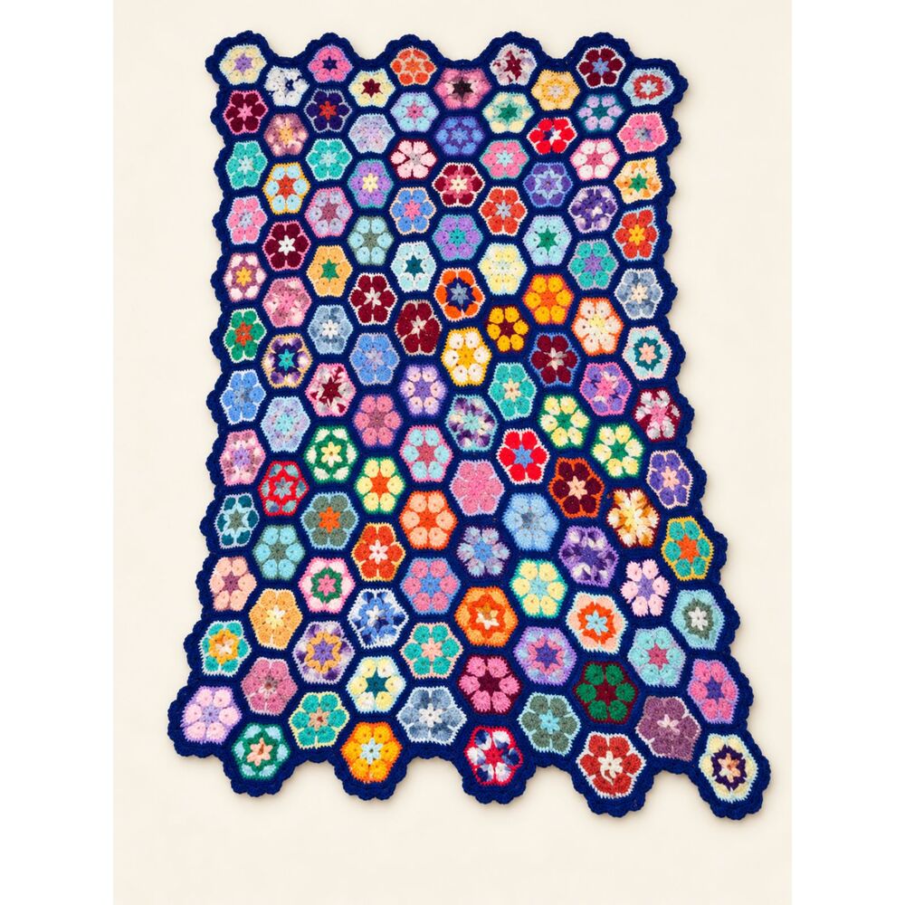 Hand Crochet African Flower Hexagon Afghan Blanket Navy Multicolor Floral Throw